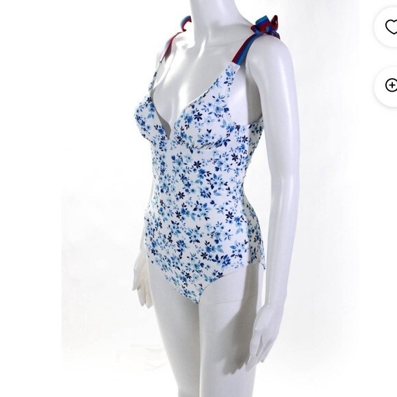 Shoshanna Floral Deep V Tie Strap One Piece Swimsuit White Blue 0 - Picture 6 of 15